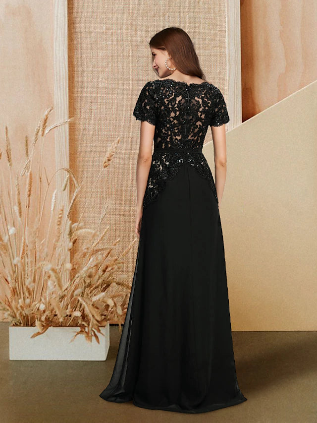 Floor-length A-Line Empire evening dress featuring a V-neck and delicate sequin lace embellishments.