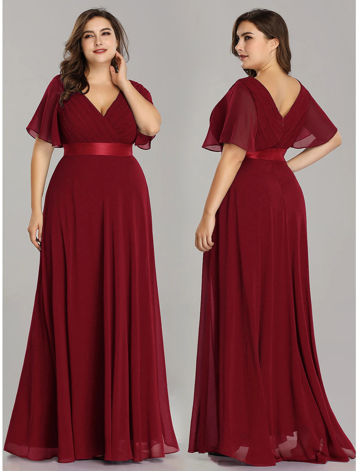 Back view of a floor-length pleated chiffon formal dress.