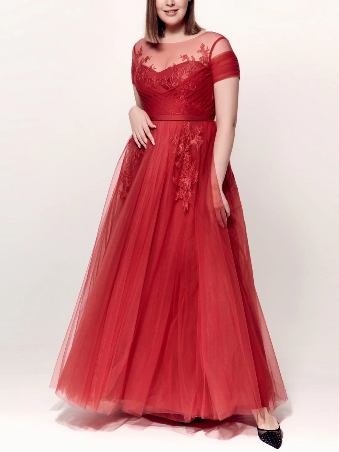 Red A-line evening dress with short sleeves, perfect for formal events.