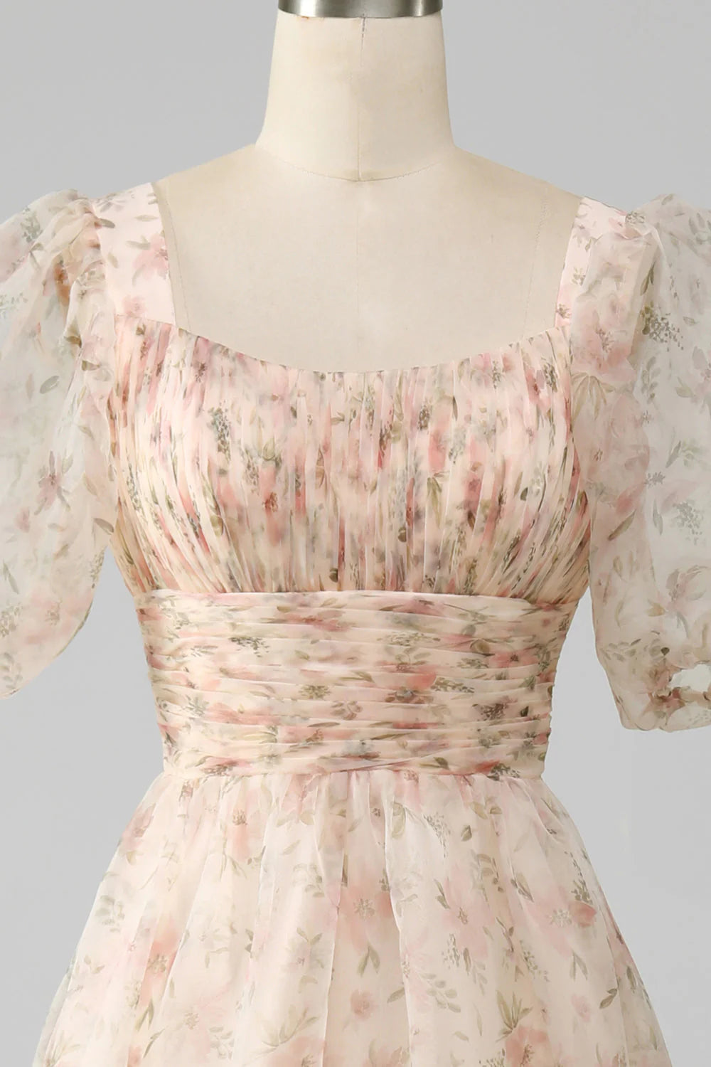 Full view of the A-Line floral print pleated tiered ankle-length prom dress.