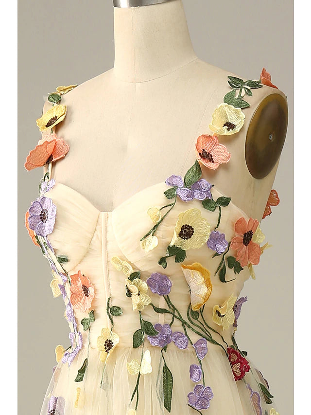 Side view of the floor-length A-line dress, showcasing its flowing silhouette.