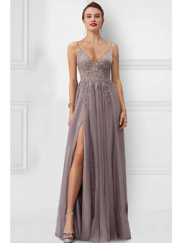 Elegant A-Line floral tulle prom dress with spaghetti straps and a front slit.