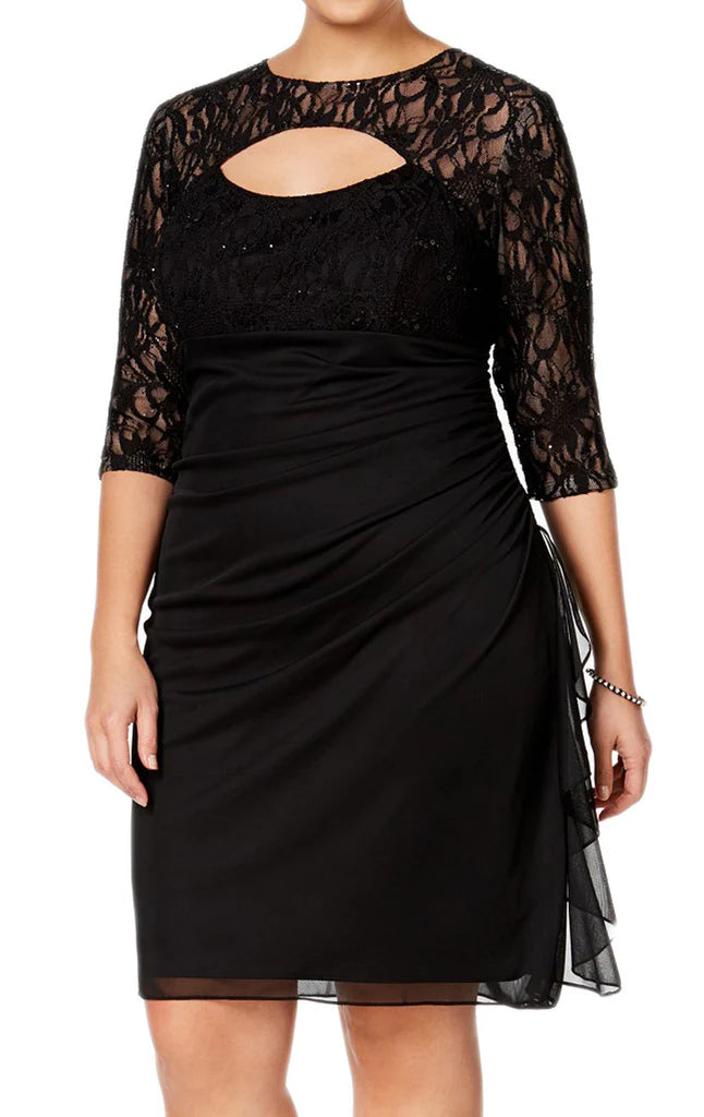 Elegant woman wearing a half sleeve lace chiffon mother of the bride dress.
