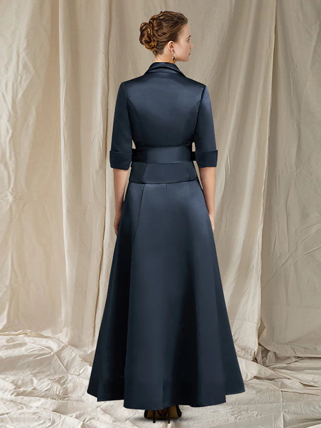 Full view of the A-Line Mother of the Bride dress in satin fabric.