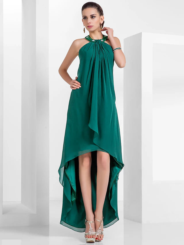 Full length view of the elegant A-line halter dress.
