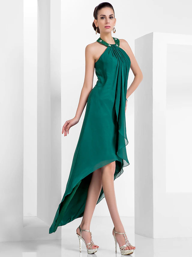 Front view of the A-line dress, highlighting the asymmetrical hem.
