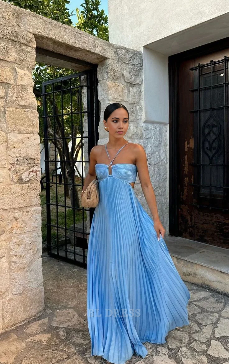 Elegant A-line halter backless blue long formal dress.