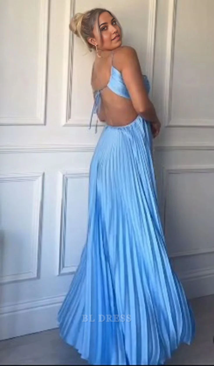 Model wearing an A-line halter backless blue long formal dress.