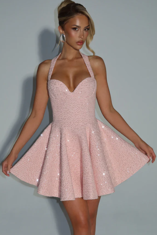 Model wearing an elegant A-line halter backless homecoming dress with a bowknot detail.