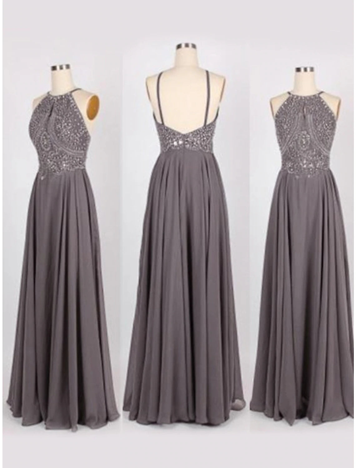 Elegant A-Line halter evening dress with beading and sweep train.