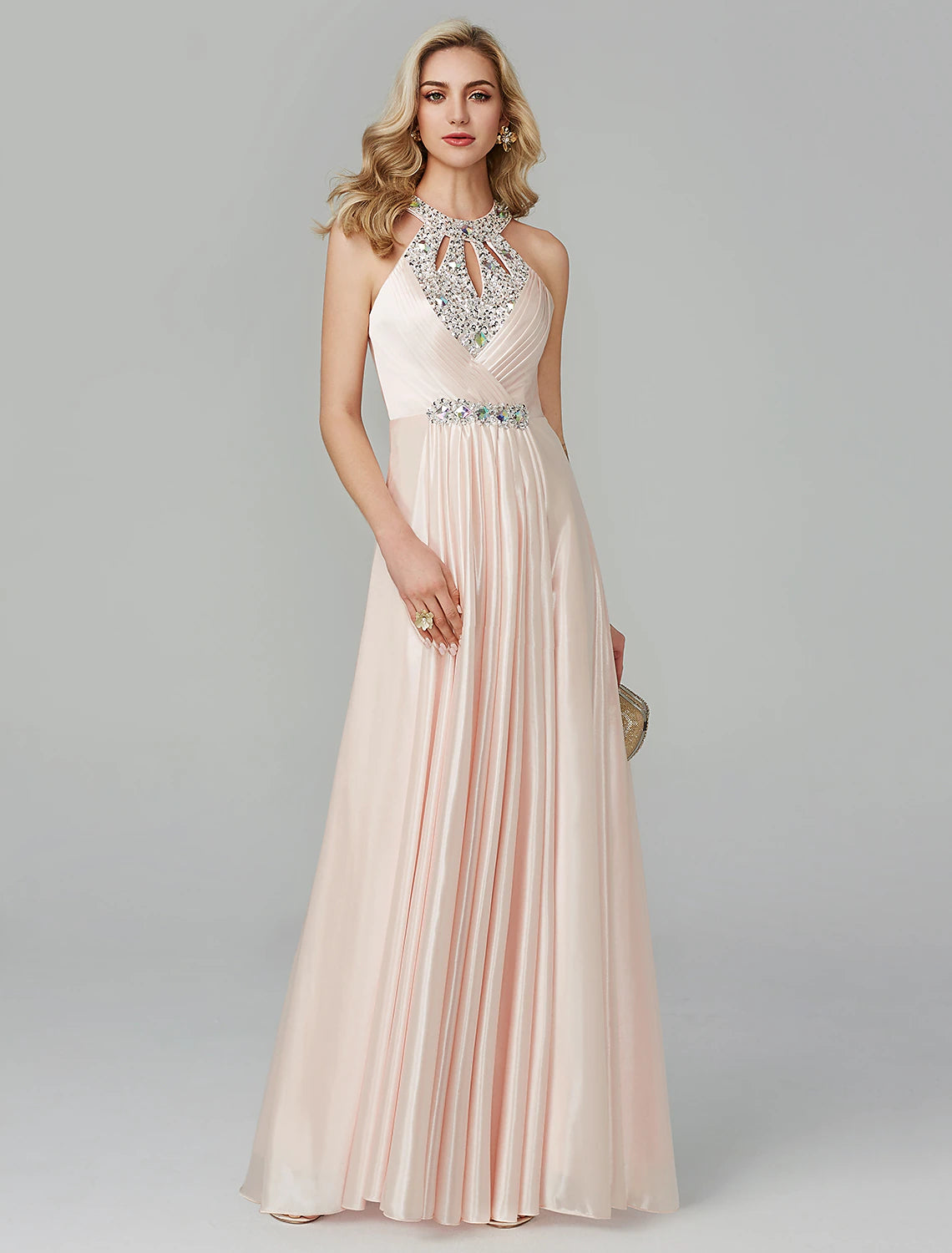 Elegant A-line black halter neck dress with sequins and crystals, front view.