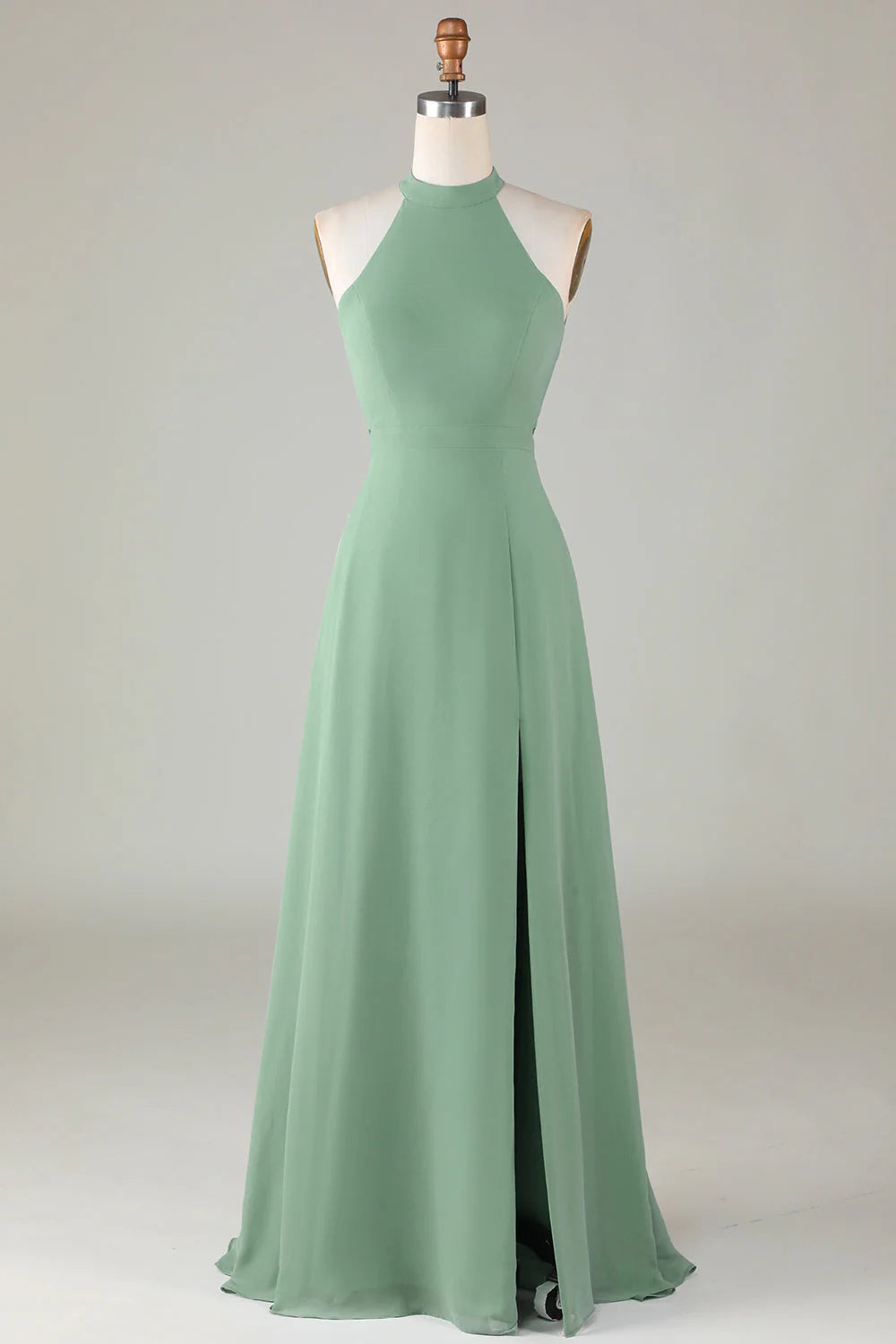 Front view of an elegant A-line halter bridesmaid dress with a flowing skirt.