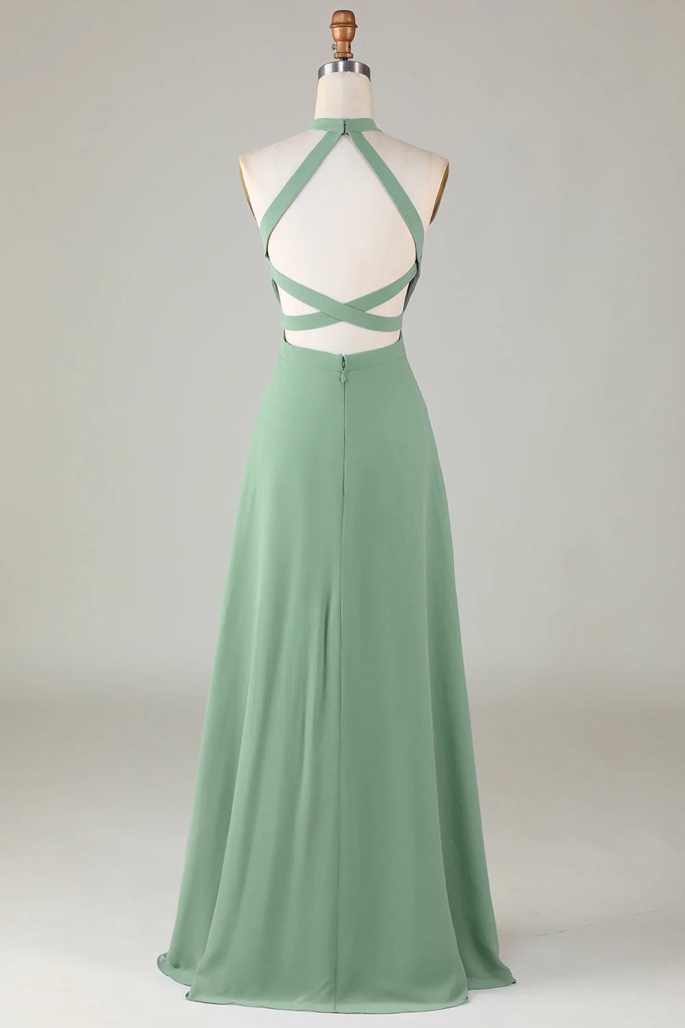 Back view of the A-line halter bridesmaid dress, showcasing the open back design.