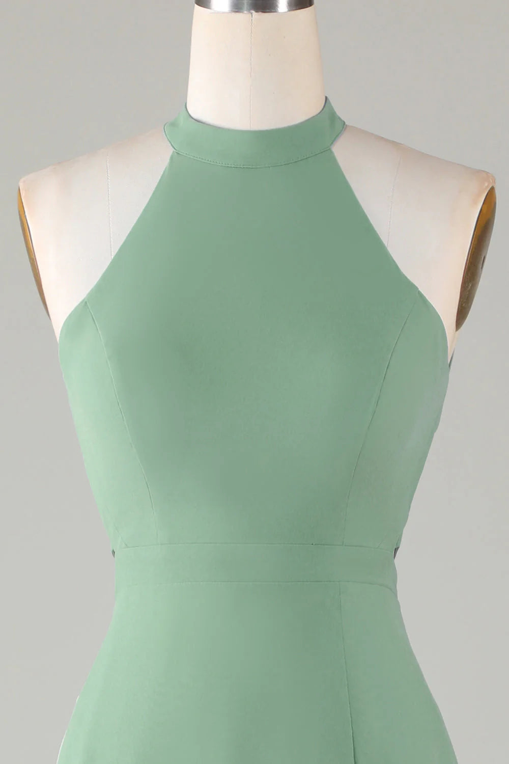 Side view of the A-line halter bridesmaid dress, highlighting the front split detail.