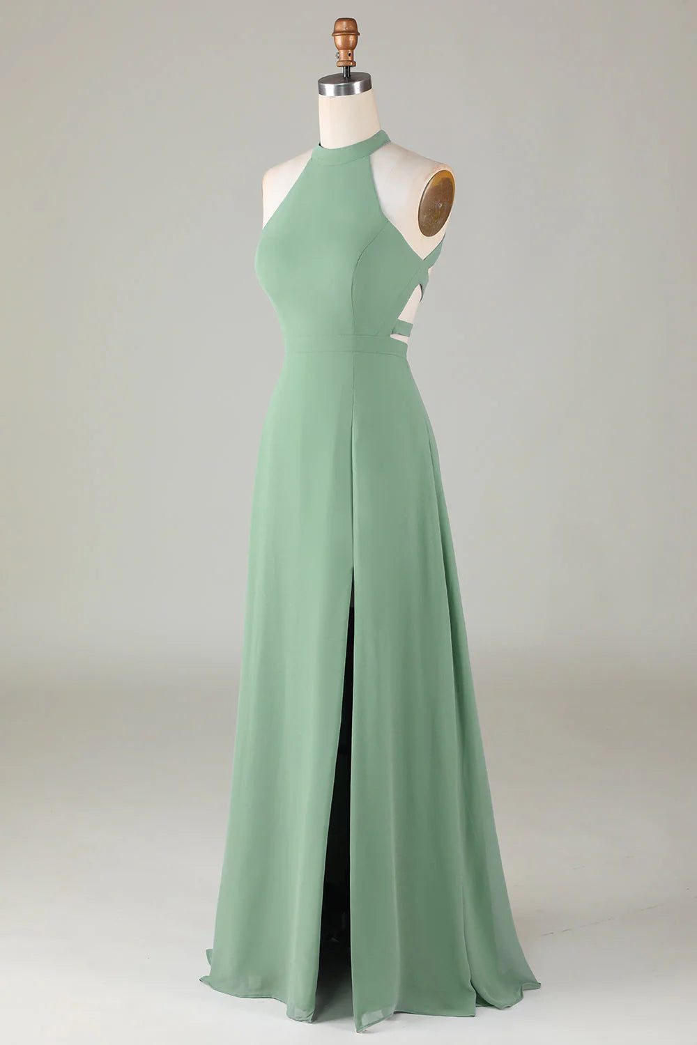 Full length view of the A-line halter bridesmaid dress, showing its elegant silhouette.