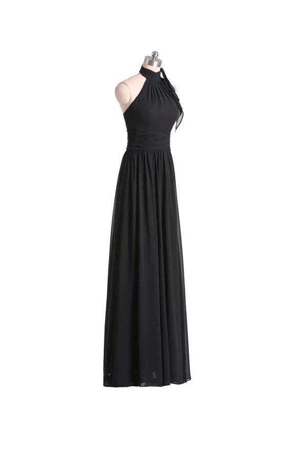 Back view of an A-line halter chiffon formal gown.