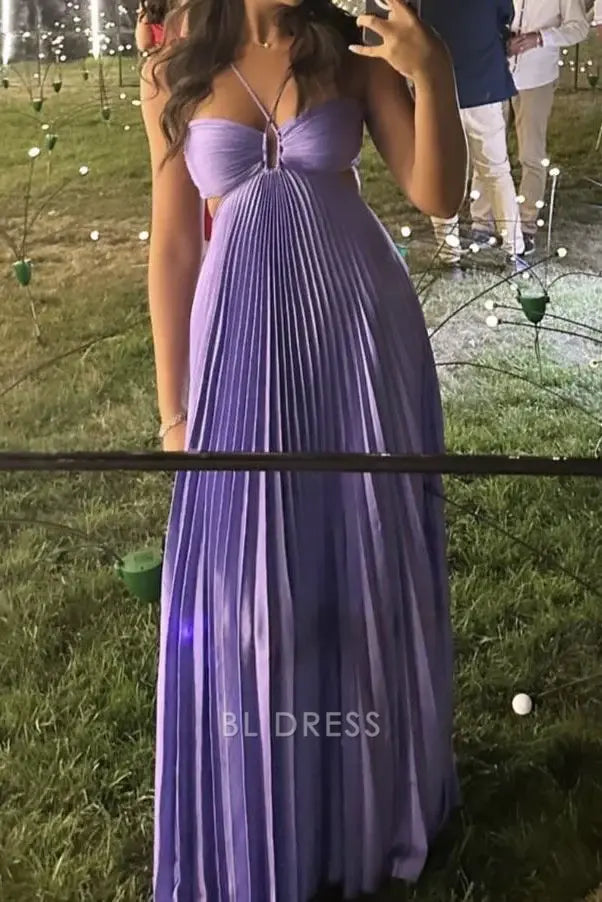 Purple A-line halter chiffon dress with pleated skirt.