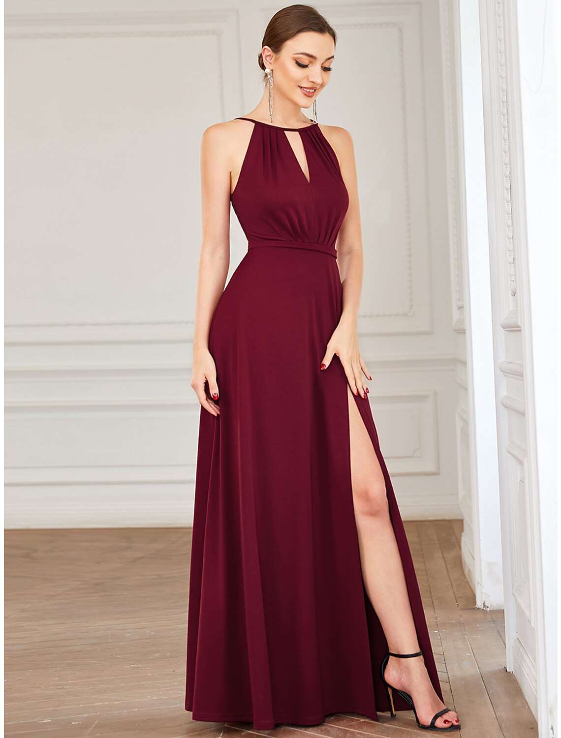 Back view of A-Line halter floor-length dress.