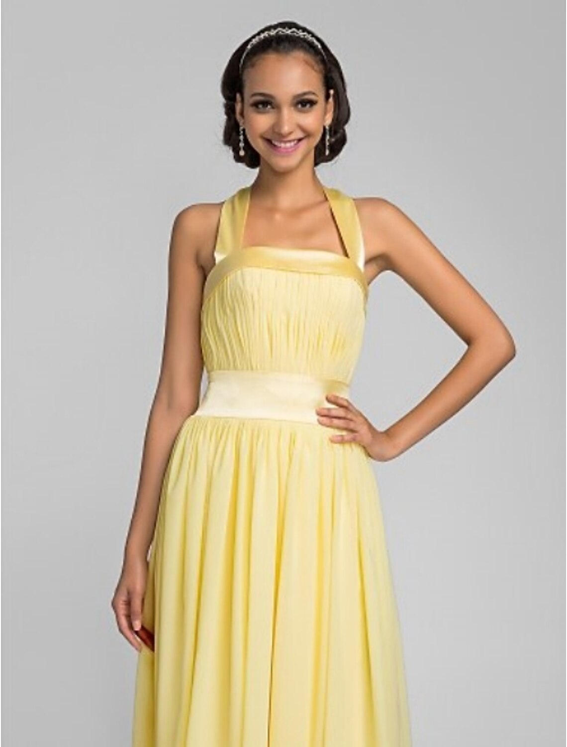 Side view of the flowy chiffon skirt and stretch satin bodice.