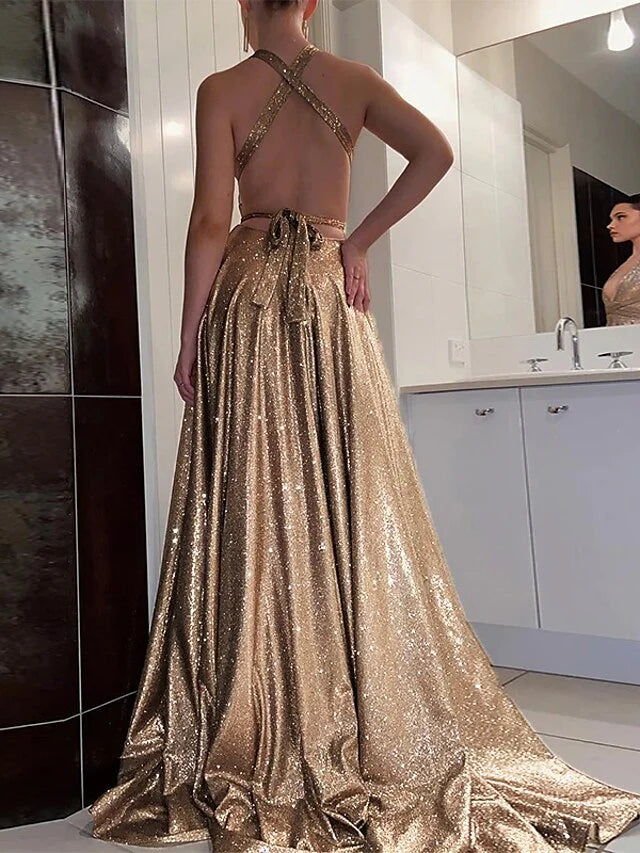 Elegant A-line halter floor-length prom dress.