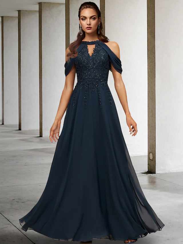 Elegant A-line halter Mother of the Bride dress with lace and sequin details.