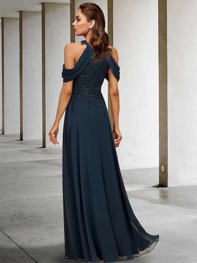 Back view of a sequined A-line dress, perfect for formal occasions.