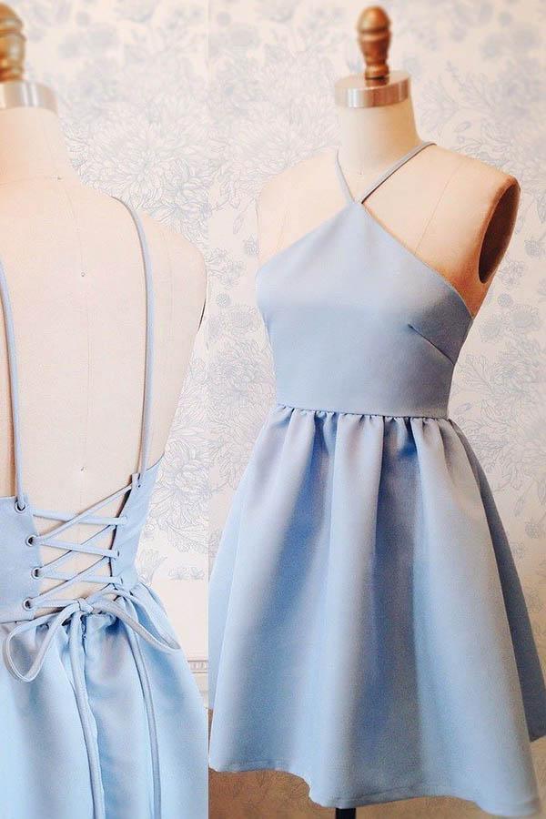 Blue A-line halter dress with lace-up back, made from stretch satin, suitable for homecoming.