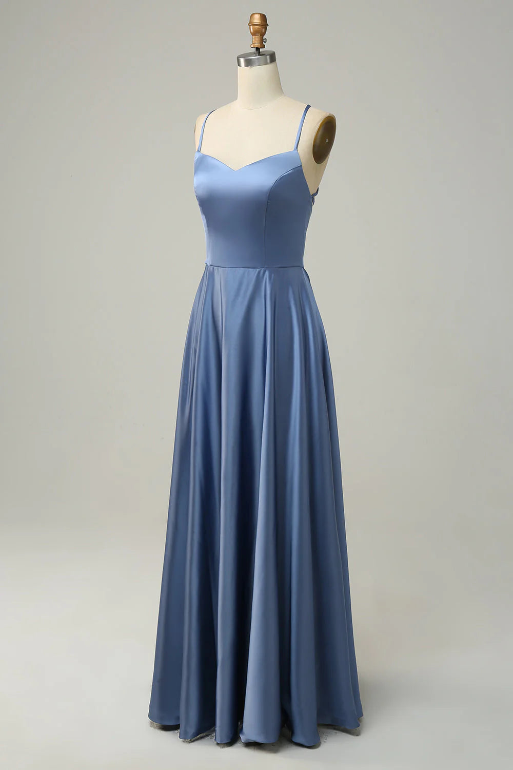 Back view of the elegant blue A-line halter bridesmaid dress.