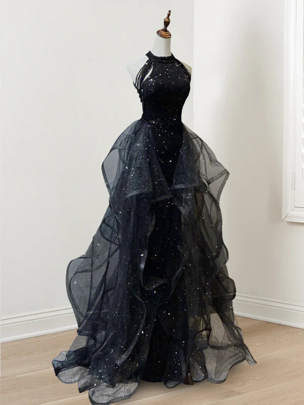 Side profile of a model wearing the A-line halter long prom dress, highlighting the silhouette.