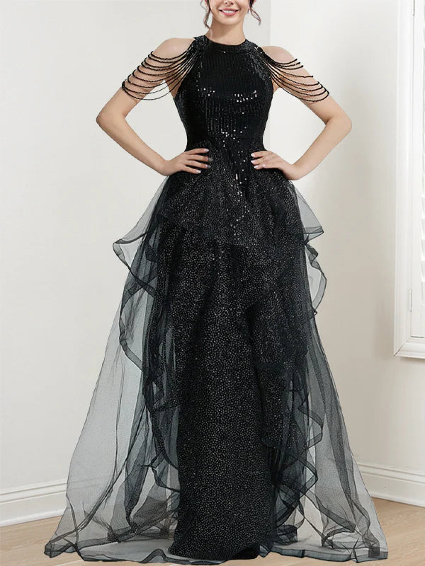 Full length view of the A-line halter long prom dress on a model, showing the complete design.