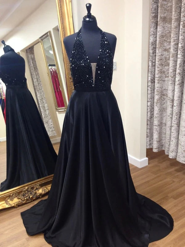 Elegant A-line halter neck backless beaded long prom dress.