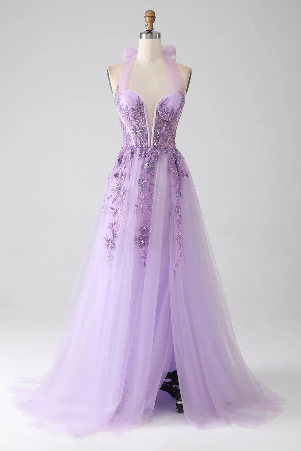 Elegant A-Line halter neck beaded long prom dress, front view.