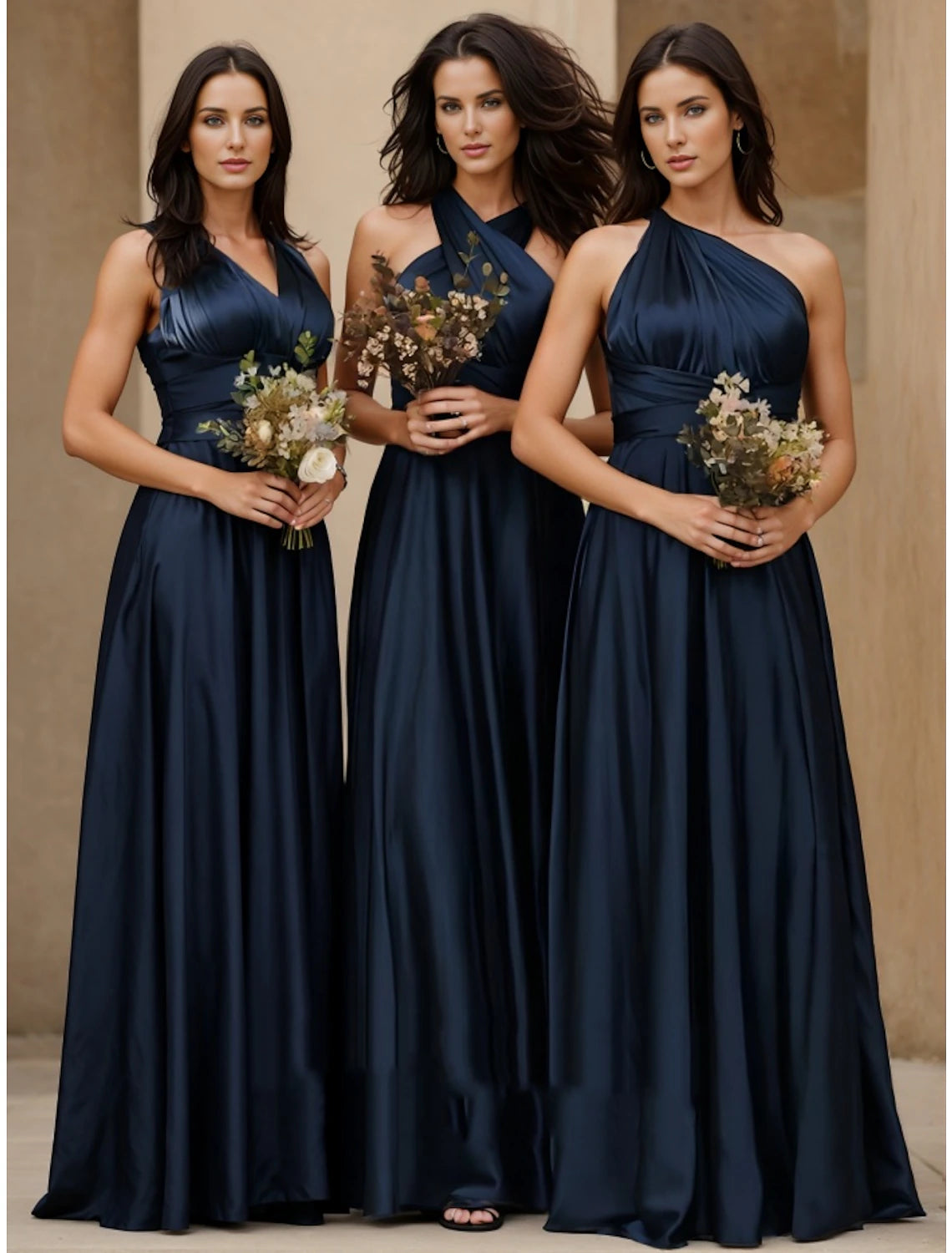 Close-up of halter neckline and stretch satin fabric on bridesmaid dress.