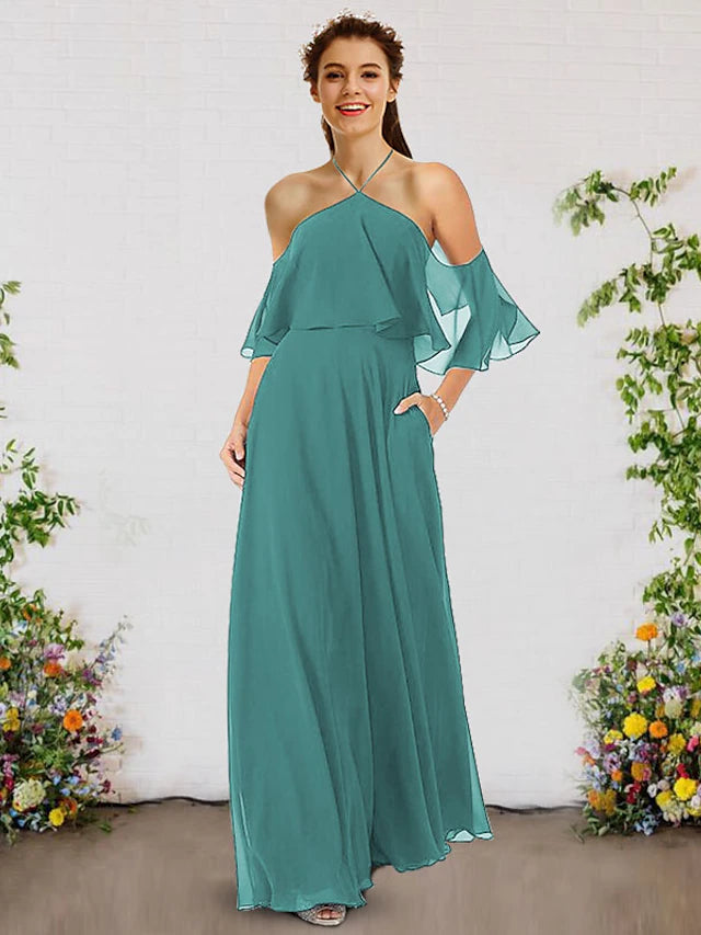 Elegant A-line halter neck chiffon bridesmaid dress with delicate ruffles.