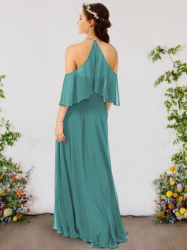 Back view of the flowing floor-length chiffon bridesmaid dress.