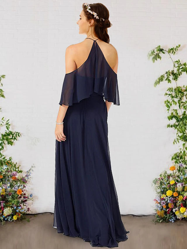 Full view of the graceful A-line silhouette of the bridesmaid gown.