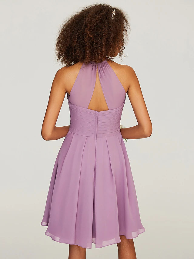 Model wearing the sleeveless A-line bridesmaid dress.