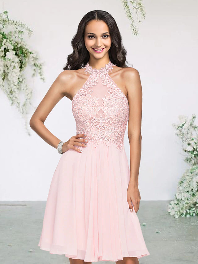 Elegant A-line halter neck bridesmaid dress.