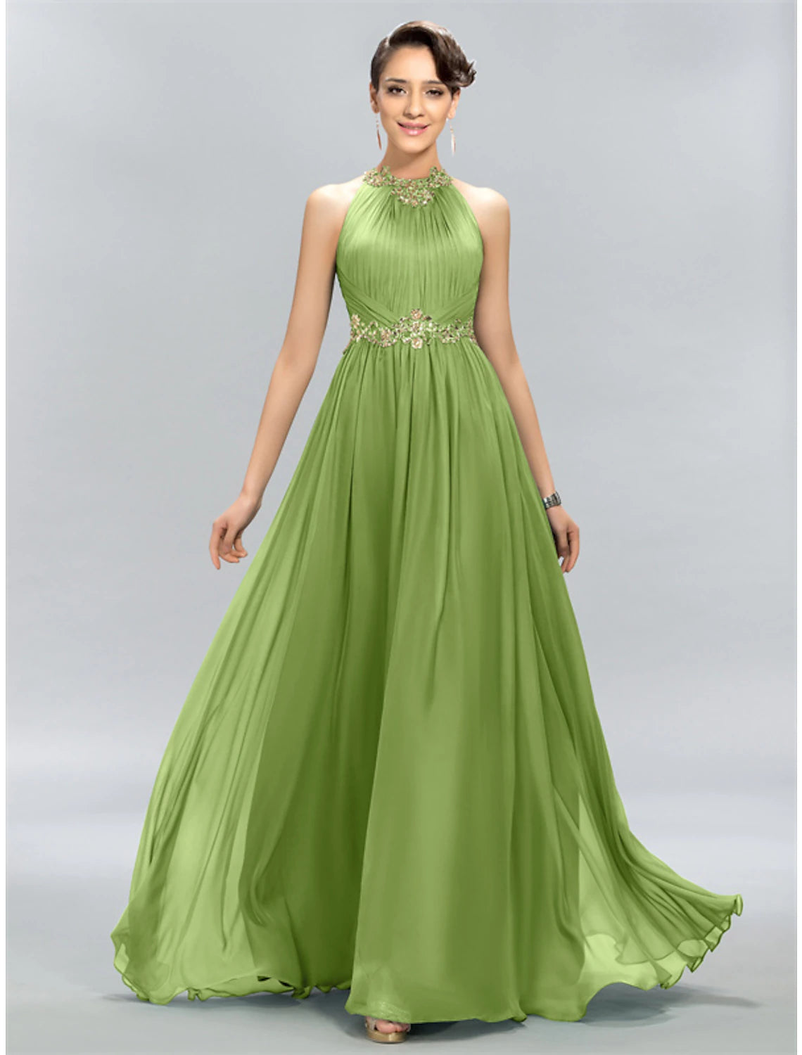 Close-up of ruched appliques on the chiffon dress.