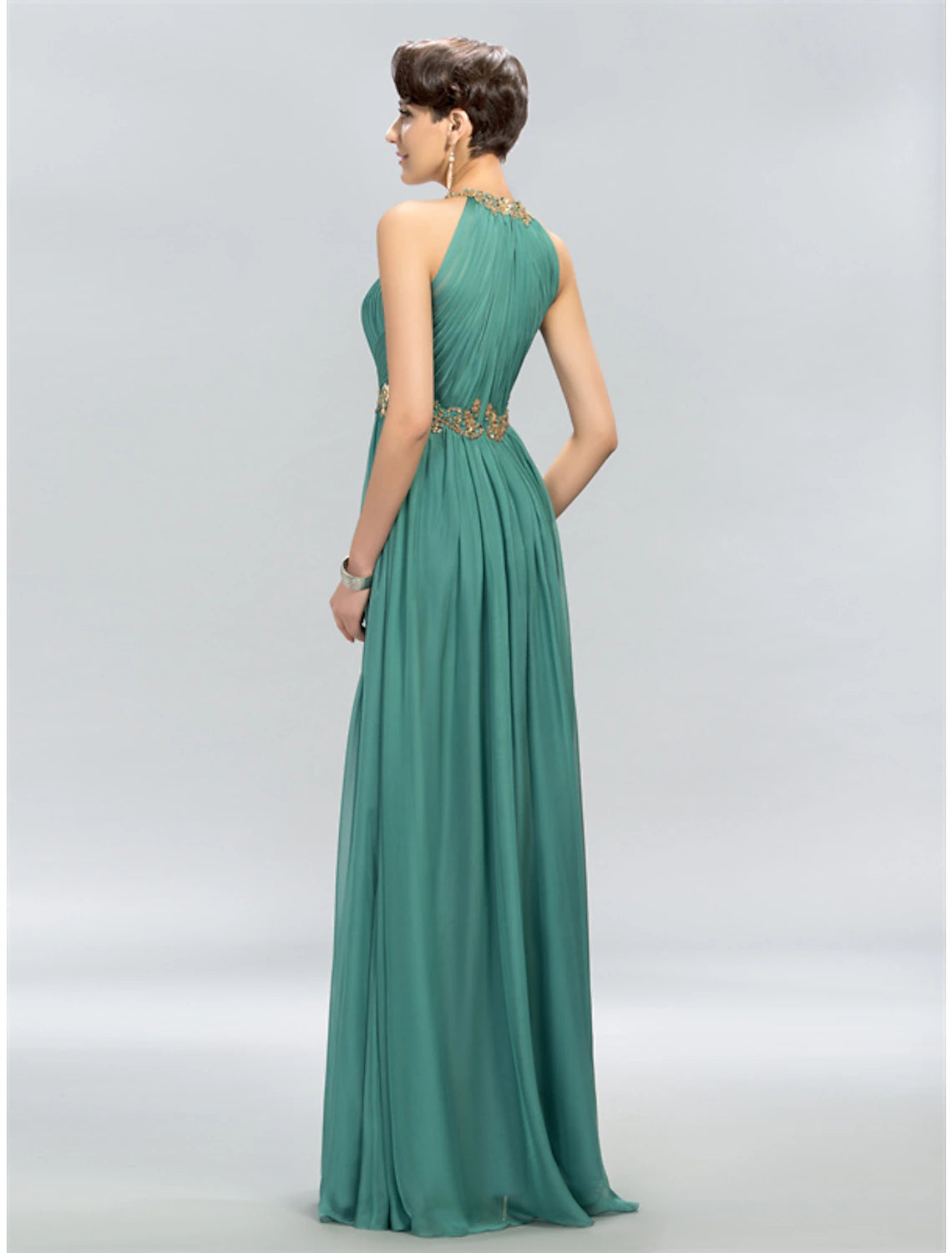 Side profile of the flowy A-Line formal dress.
