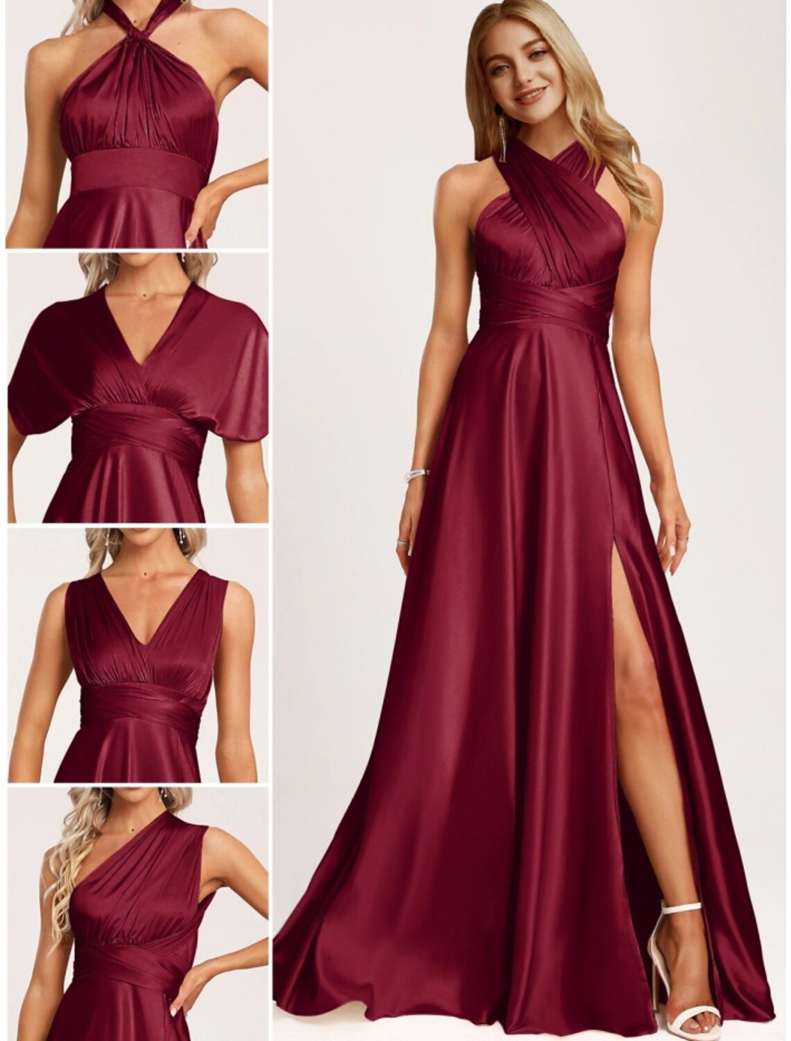 Back view of A-Line floor length bridesmaid dress with ruching.