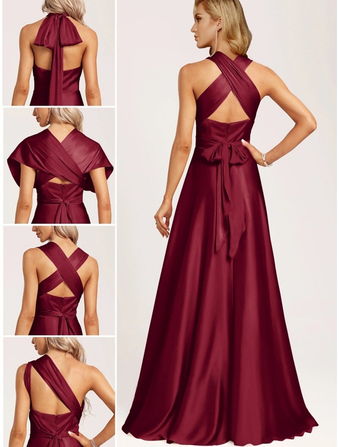 Detail of split front and ruching on stretch satin bridesmaid gown.