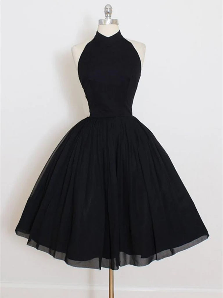 A-line halter short homecoming dress with open back detail.