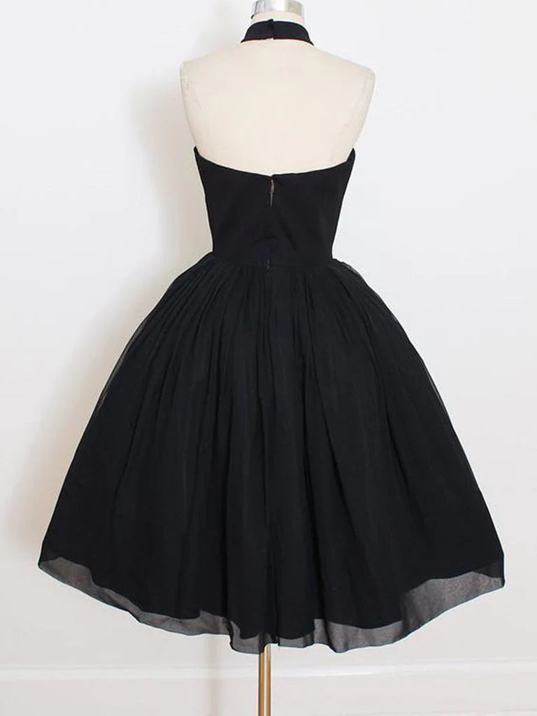 Back view of A-line halter short homecoming dress.
