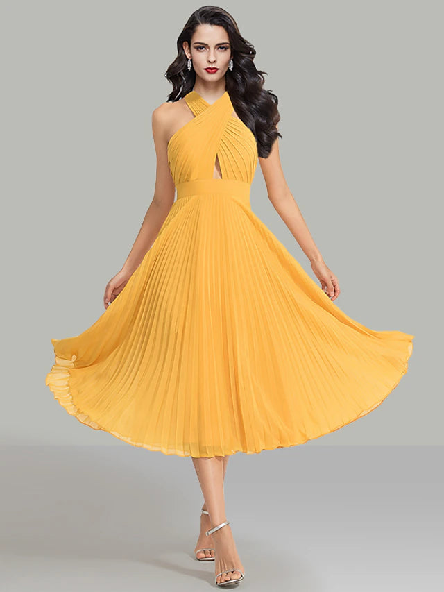 Side view of A-line halter ruched dress in chiffon fabric.