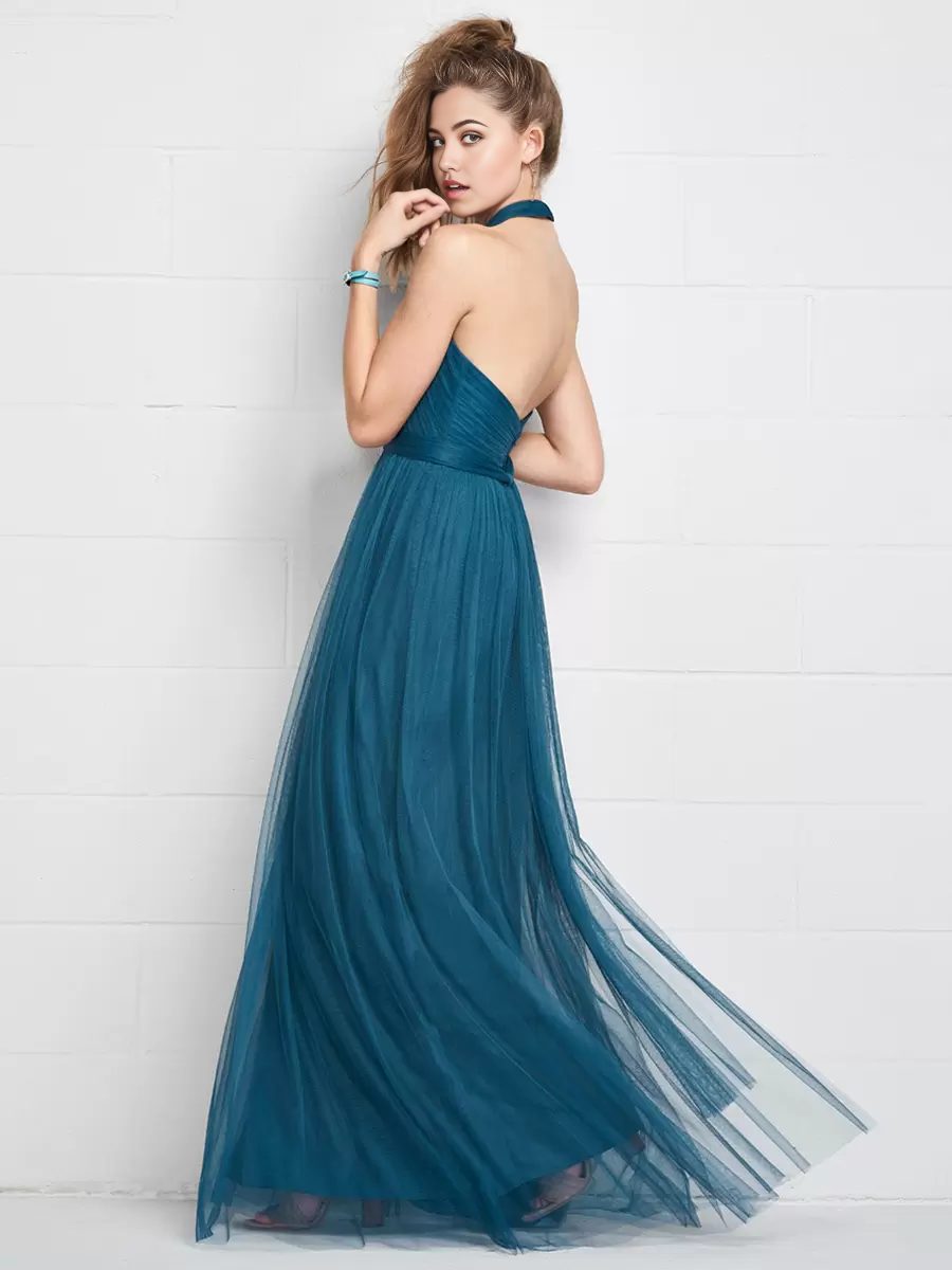 Full view of the A-line halter bridesmaid dress.