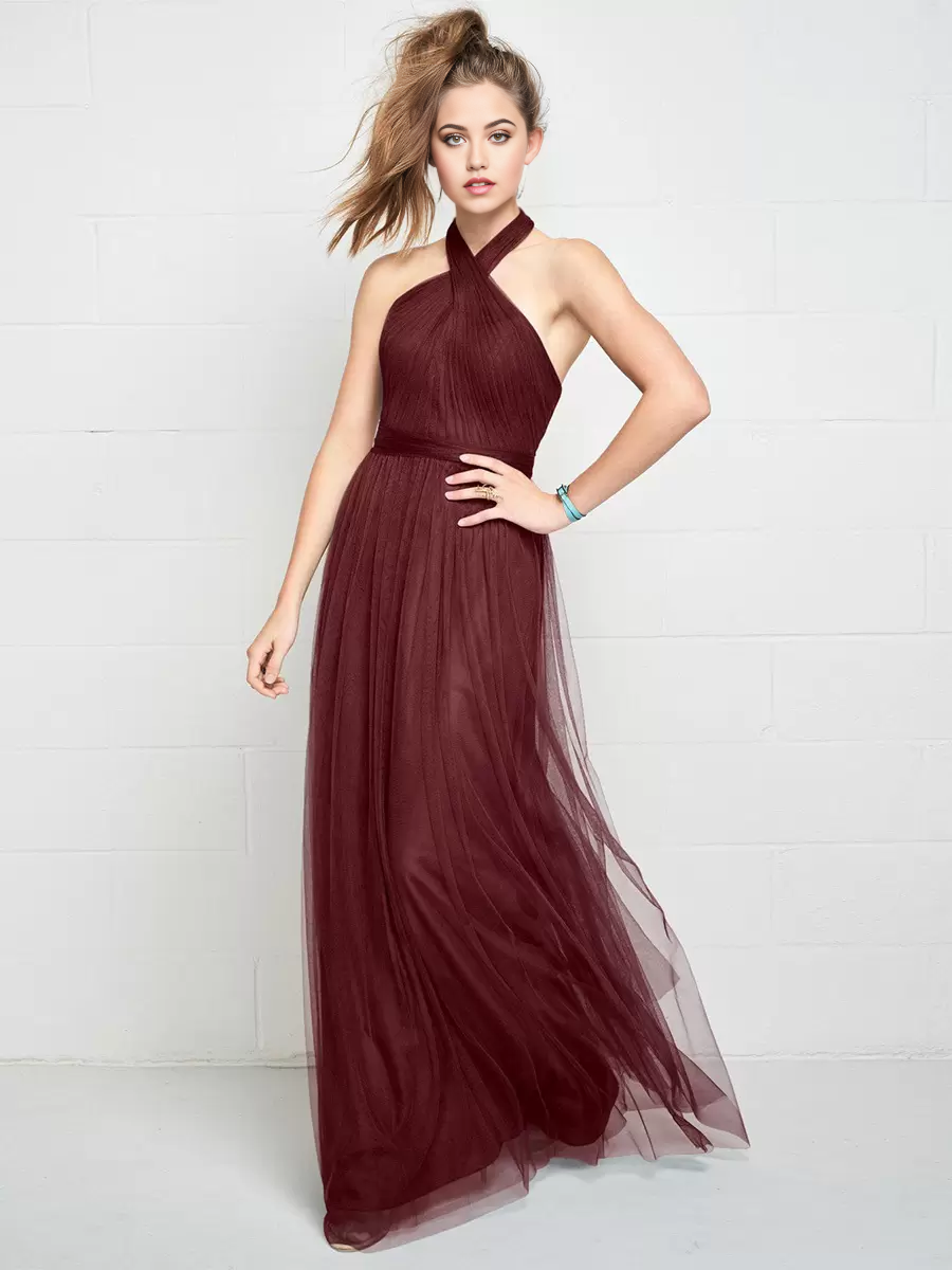 Side profile of the elegant A-line formal dress.
