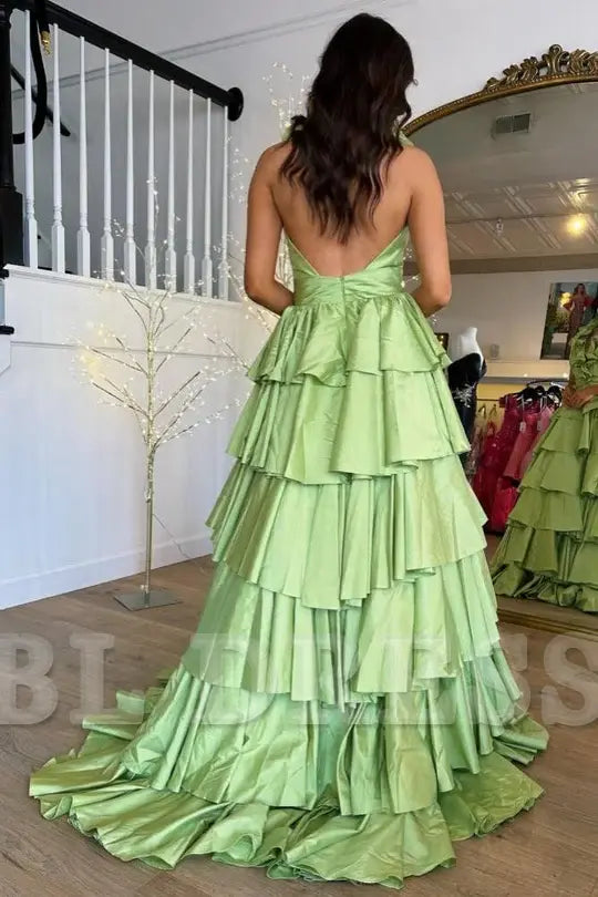 Back view of A-Line Halter Ruffle Green Long Formal Prom Dress.