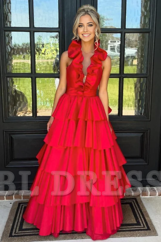 Side view of A-Line Halter Ruffle Green Long Formal Prom Dress.