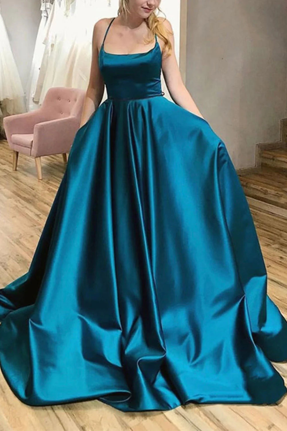 Full length view of an elegant A-line halter satin long dress.